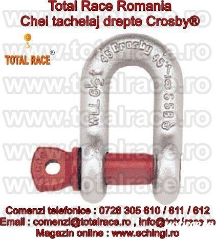 Total Race Romania comercializeaza  chei de tachelaj tip lira / drepte marca Crosby®, cheie tachelaj dreapta  cu bolt filetat, gambeti tip lira , shackles Crosby® ce au capacitati cuprinse intre 0.5 Tone si 55 Tone . Cheile de tachelaj sunt in conformit