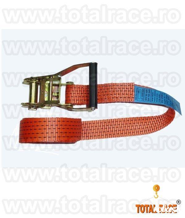 Total Race Romania livreaza din stoc chingi de ancorare sistem 50A mm cu latime banda 50 mm , in conformitate cu EN 12195 – 2 , elongatie < 7 % cu clichet, din 2 parti , carlige diverse modele(de exemplu carlige ancorare tip gheara duble , gheara simplu