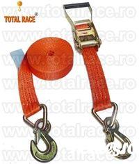 Total Race Romania livreaza din stoc Bucuresti: chingi de ancorare sistem 50A mm cu latime banda 50 mm , in conformitate cu EN 12195 – 2 , elongatie < 7 % cu clichet Stf 350 daN, din 2 parti , carlige diverse modele(de exemplu carlige ancorare tip ghear