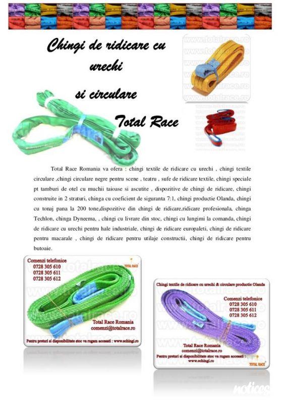 Total Race Romania comercializeaza chingi productie Olanda, chingi cu tonaj pana la 200 tone,dispozitive din chingi de ridicare,ridicare profesionala, chinga techlon, chinga Dyneema, , chingi cu livrare din stoc, chingi cu lungimi la comanda, chingi de ri