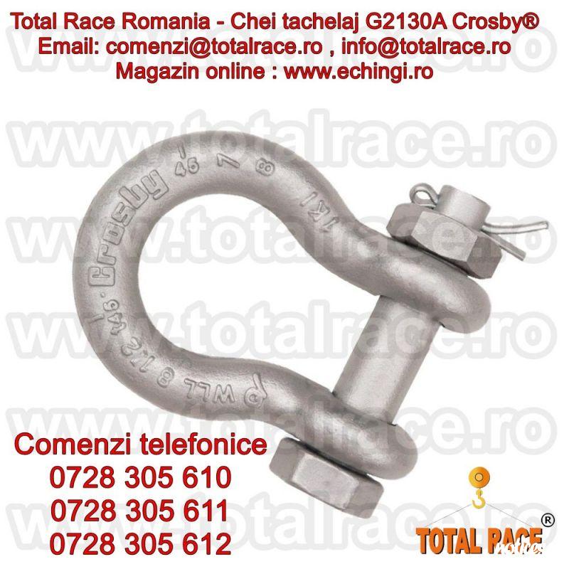 Total Race comercializeaza : chei  de tachelaj model G 2130A - GRAD 80 tip omega marca Crosby, cheie tachelaj cu bolt, piulita si stift de blocare , chei tachelaj capacitate intre 2 si 17 tone . Cheile de tachelaj sunt in conformitate cu EN 13889:2003 si 
