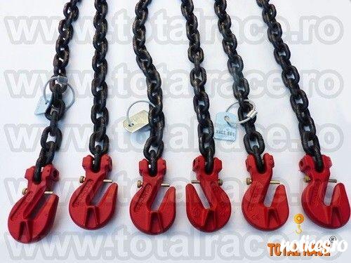 Total Race comercializeaza din stoc Bucuresti lant de ancorare de 13 mm , Lc=10000 daN ce contin: intinzator lant cu carlige de scurtare la capete 13 mm , 2 carlige cu siguranta 13 mm , cu montare directa pe lant,  lant negru grad 80 cu lungime la cerere 
