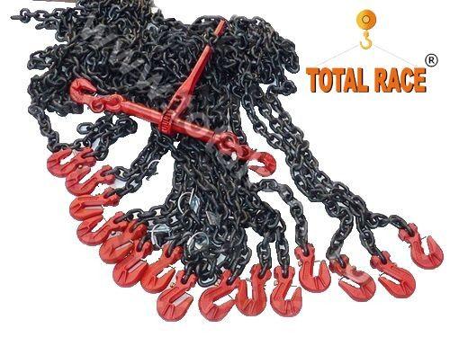 Total Race livreaza din stoc lant de ancorare de 13 mm , Lc=10000 daN ce contin: intinzator lant cu carlige de scurtare la capete 13 mm , 2 carlige cu siguranta 13 mm , cu montare directa pe lant,  lant negru grad 80 cu lungime la cerere in functie de nev
